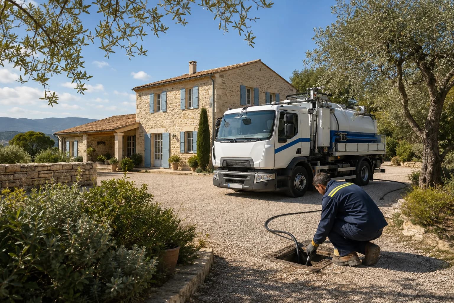 Illustration d’une intervention d’assainissement près d’une maison provençale et de ses oliviers