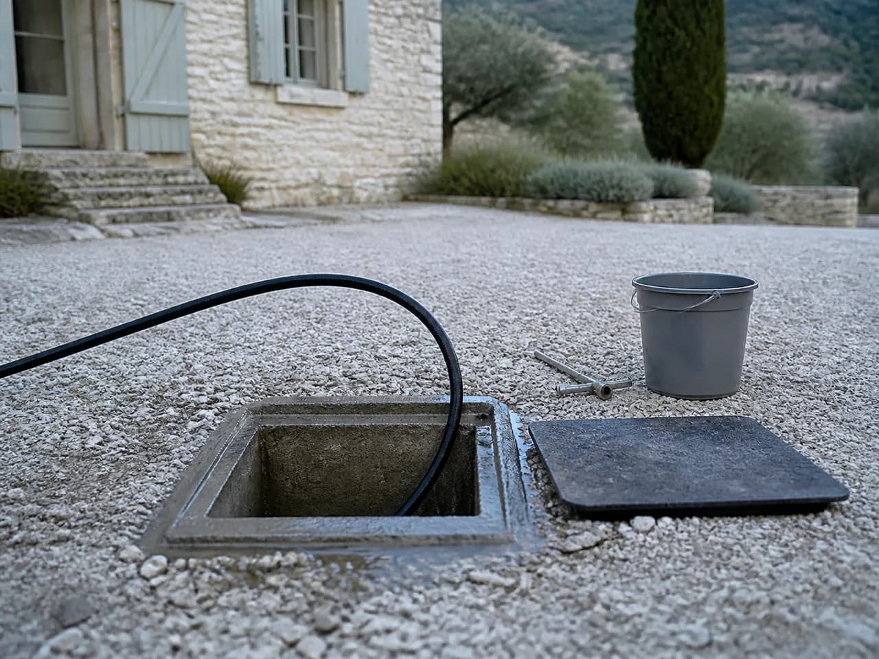 Regard de visite ouvert dans une cour de mas, flexible d'hydrocurage engagé dans la canalisation