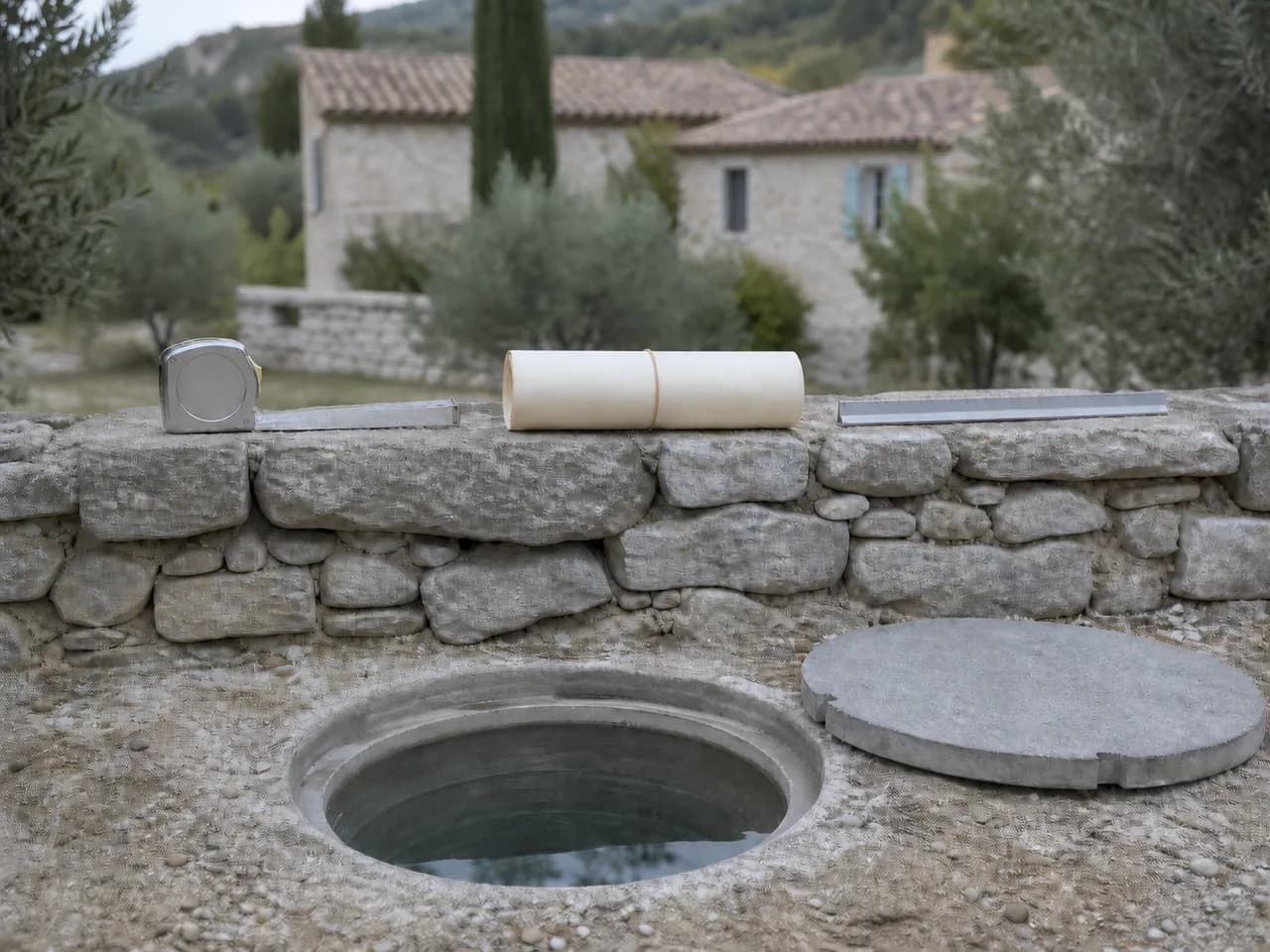 Mètre ruban, plan roulé et jauge posés sur un muret au-dessus d'un regard de visite ouvert