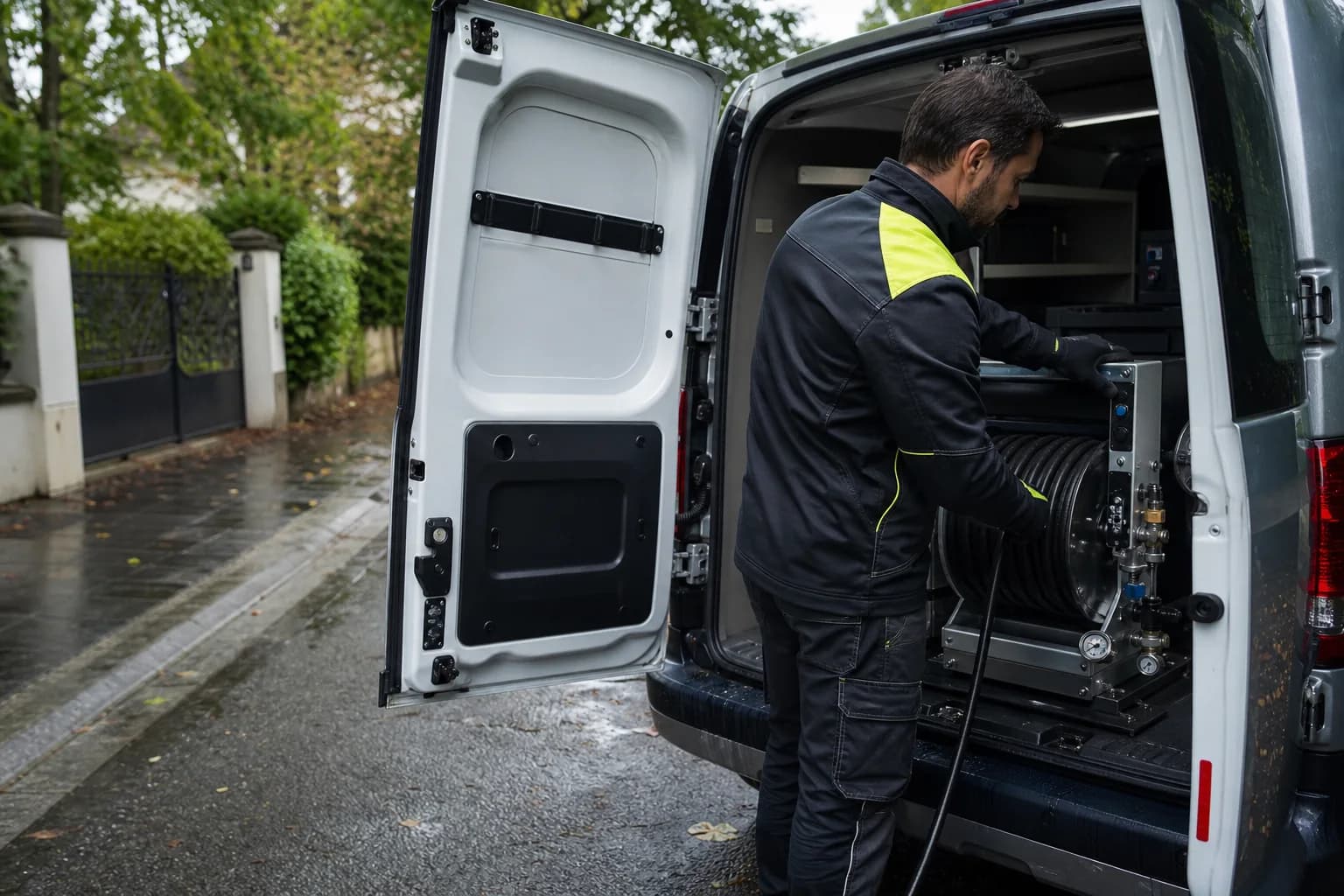 Matériel de curage haute pression dans le camion hydrocureur de l'entreprise