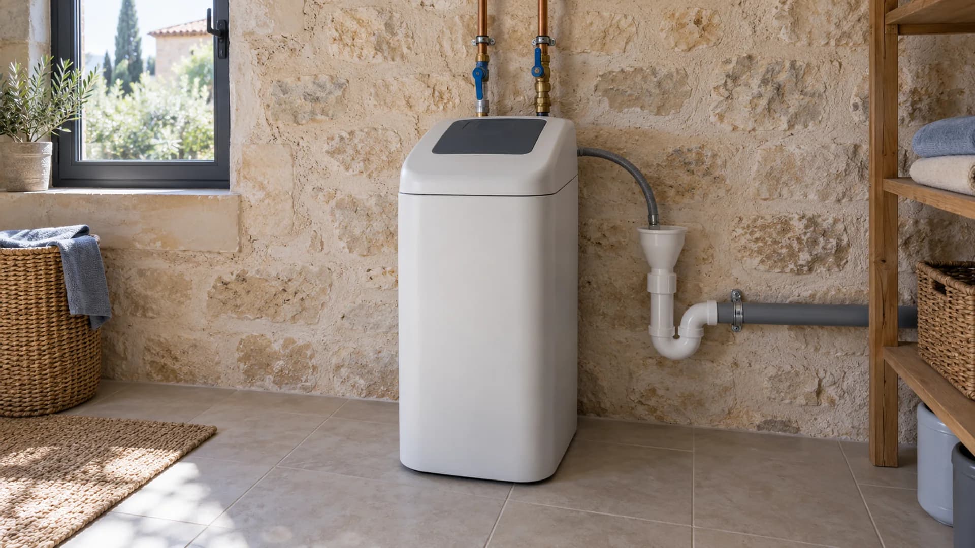 Adoucisseur domestique fermé dans une buanderie, près de conduites d'eau et d'une évacuation avec siphon