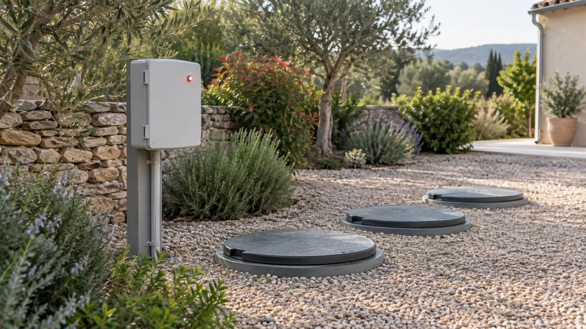 Boîtier d’alarme allumé près des couvercles fermés d’une micro-station dans un jardin