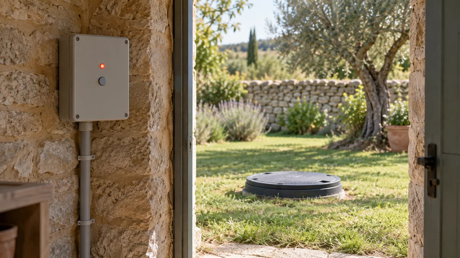 Boîtier d’alarme de relevage avec voyant allumé dans un abri sec, près d’un poste fermé dans le jardin