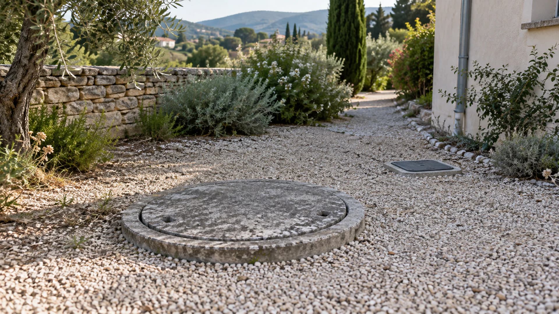 Ancien regard de fosse fermé et petit regard de raccordement dans un jardin provençal