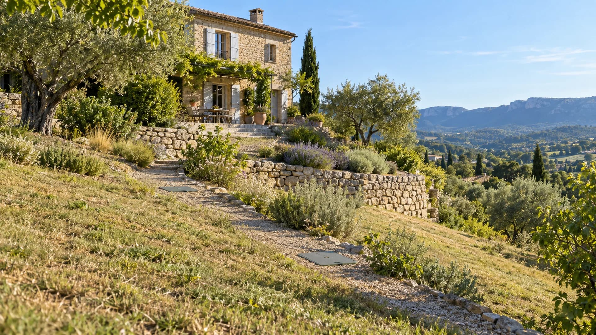 Maison sur un terrain en terrasses avec deux regards fermés et une pente herbeuse en contrebas