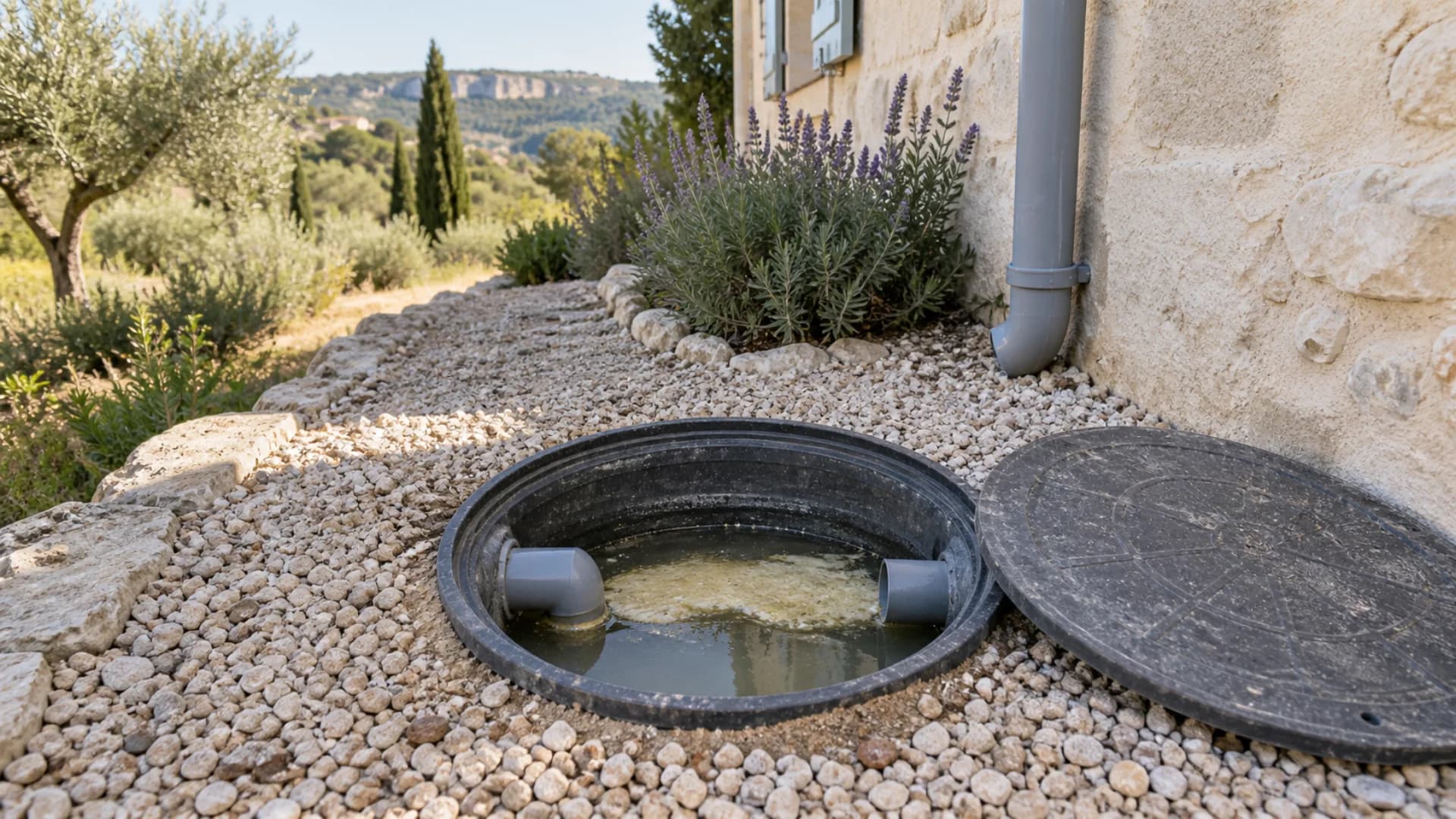 Bac à graisses domestique ouvert près d'une maison, avec canalisation d'eaux ménagères visible