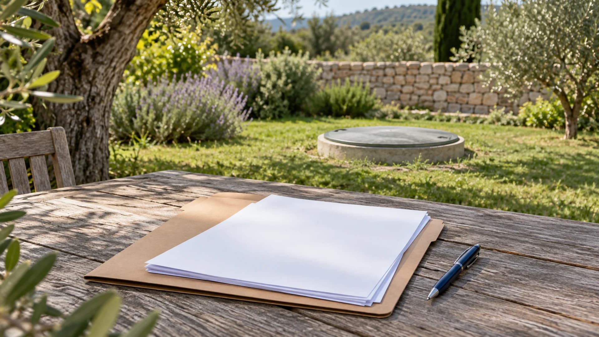 Dossier d'entretien et stylo sur une table de jardin, devant un accès de fosse fermé