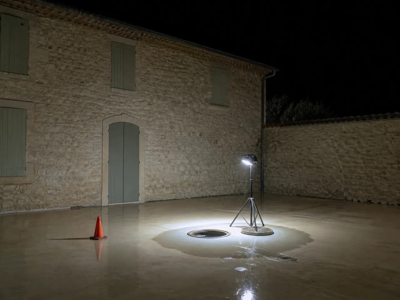 Cour éclairée par un projecteur de chantier la nuit, regard de visite ouvert et eau claire au sol
