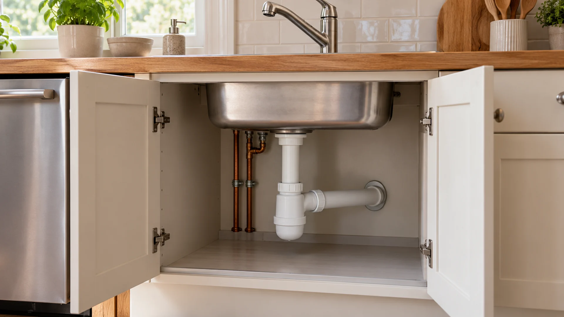 Canalisation d’évacuation et siphon sous un évier de cuisine, dans un meuble ouvert