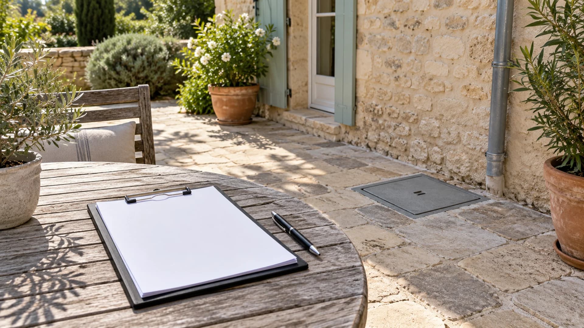 Porte-documents avec des feuilles blanches et un stylo, près d’un regard de canalisation fermé dans une cour
