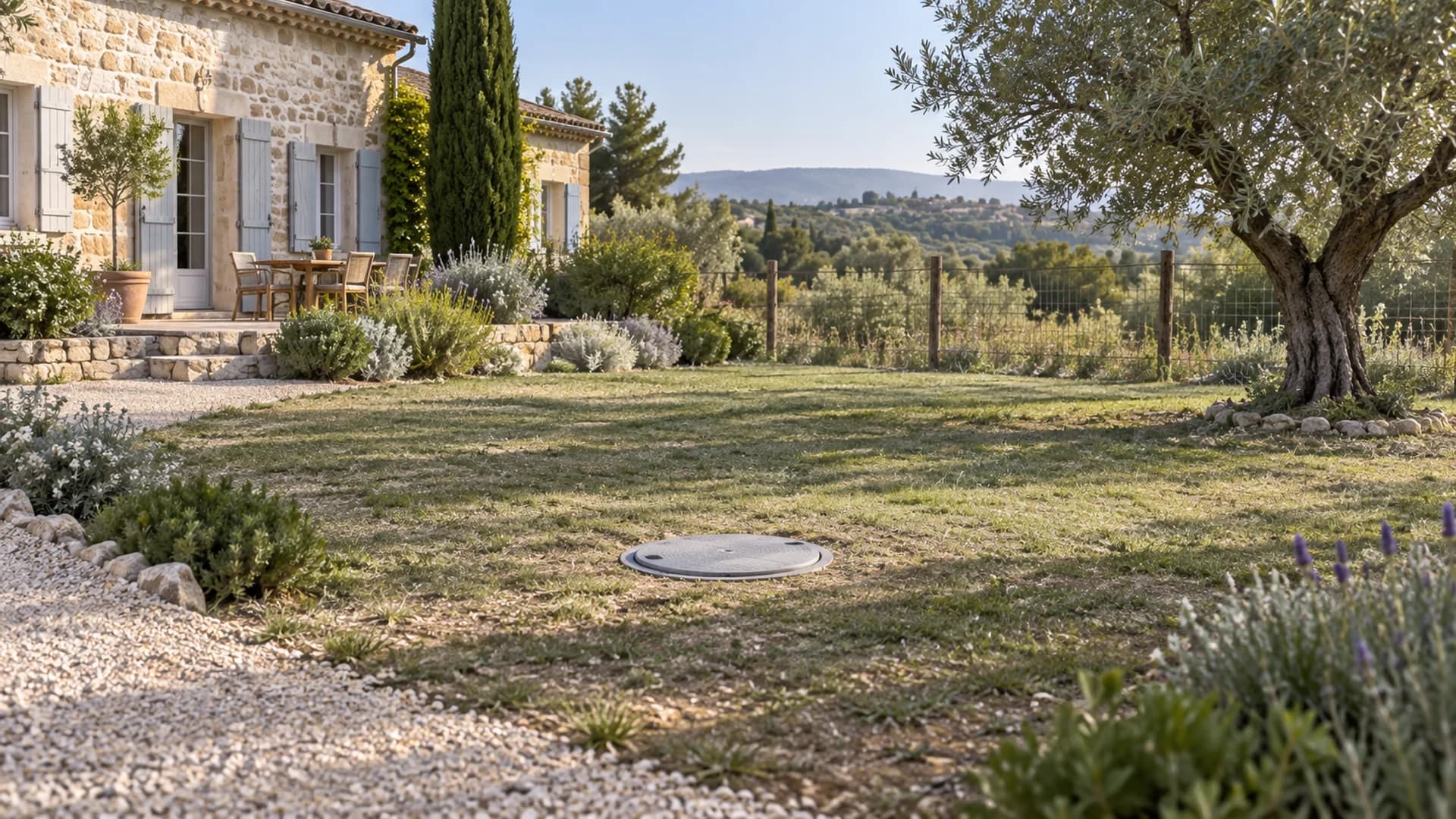 Regard fermé d’assainissement dans un jardin entre une maison, une clôture et des arbres éloignés