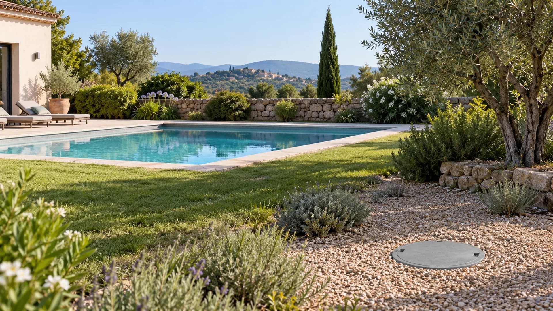 Piscine privée et regard d'assainissement fermé dans deux parties distinctes d'un jardin provençal