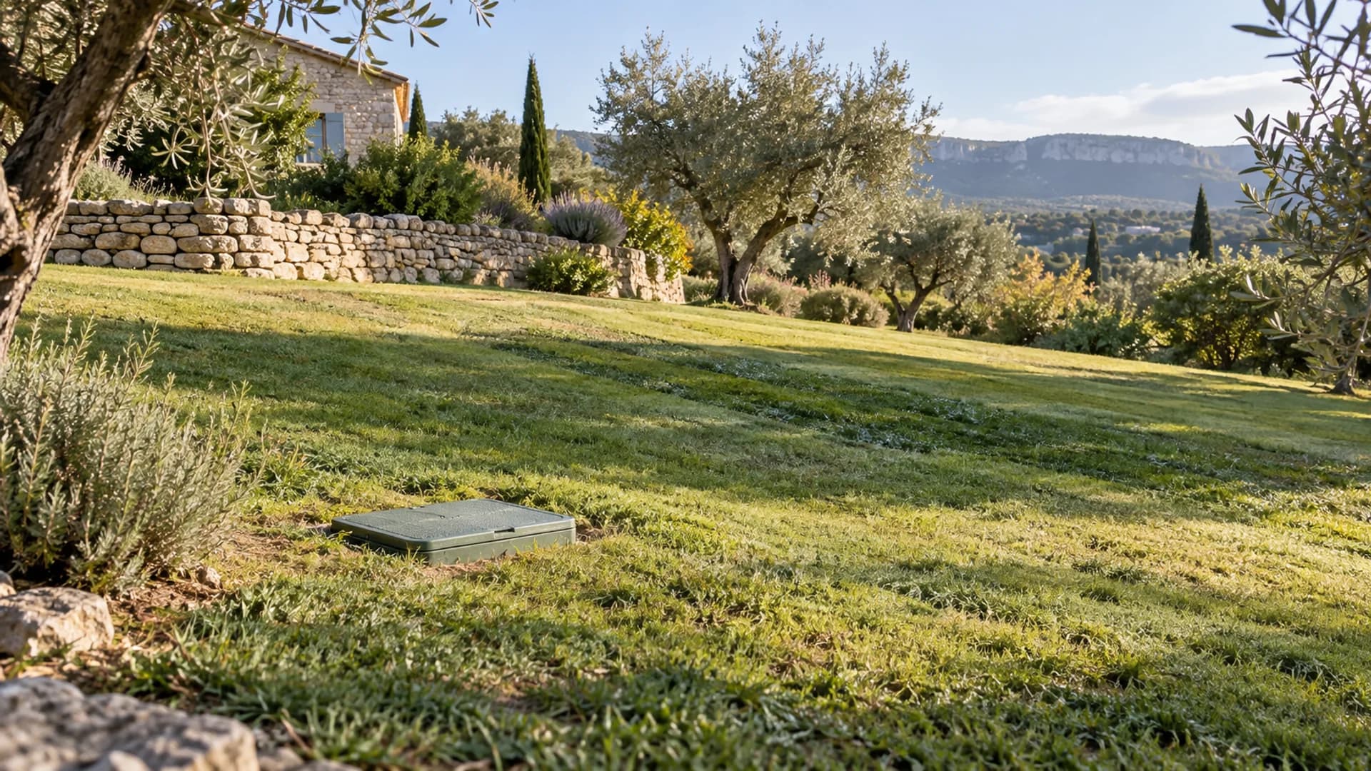 Regard de répartition fermé au bord d'un jardin enherbé en Drôme provençale