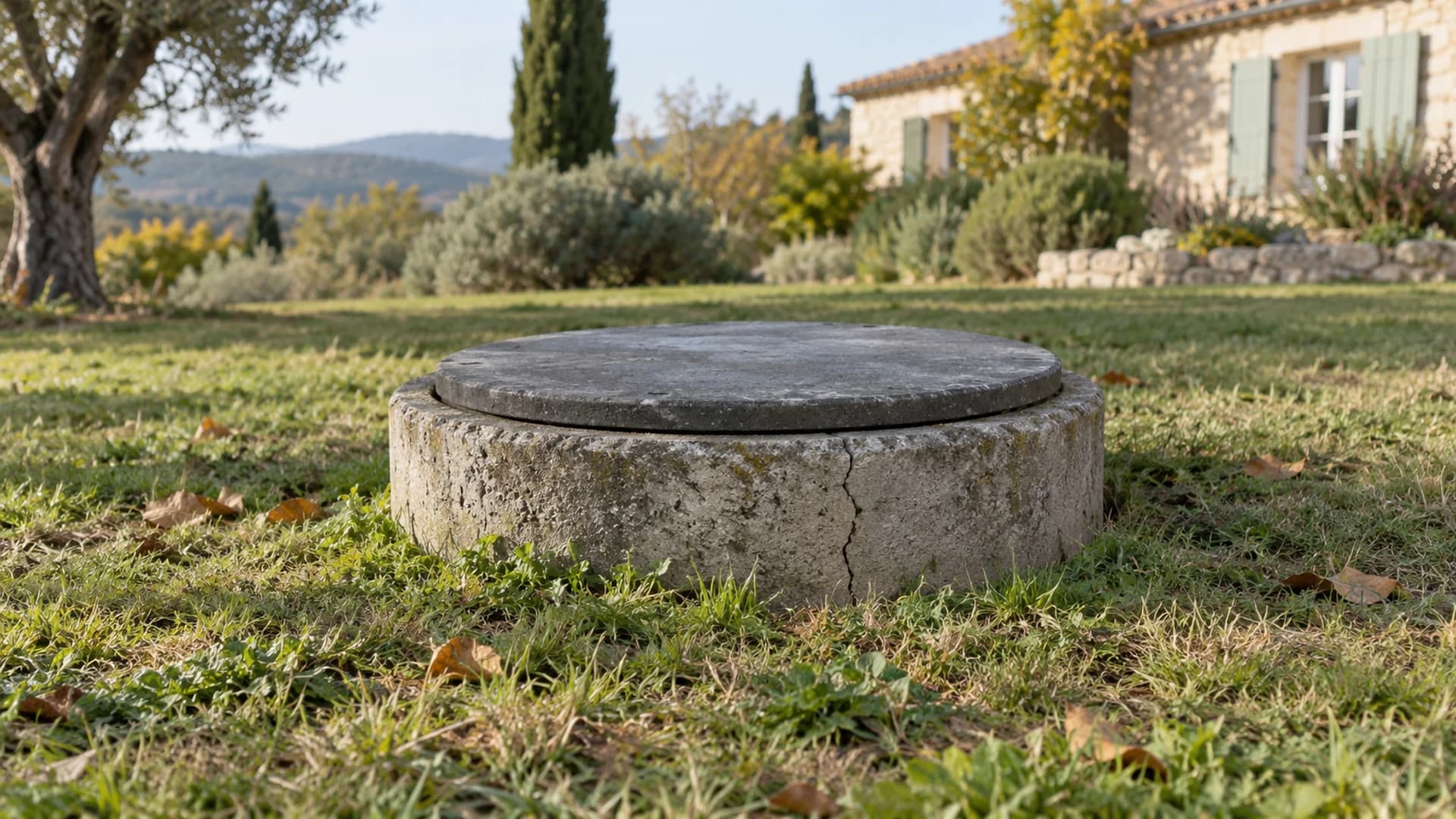 Fissure visible sur la rehausse en béton d'un accès de fosse fermé dans un jardin