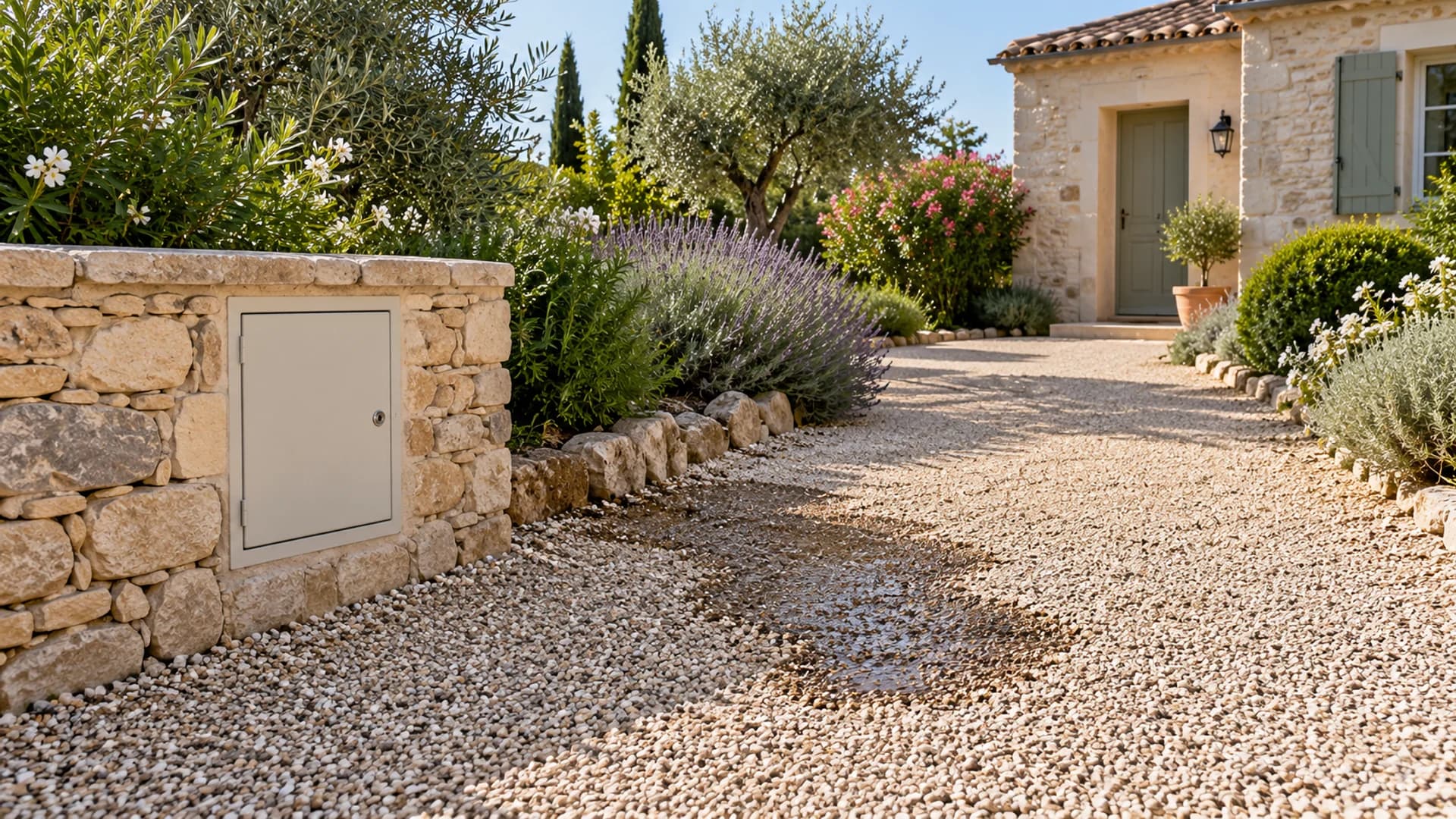 Zone humide au pied d’une allée de jardin devant une maison provençale, à proximité d’un coffret d’eau fermé
