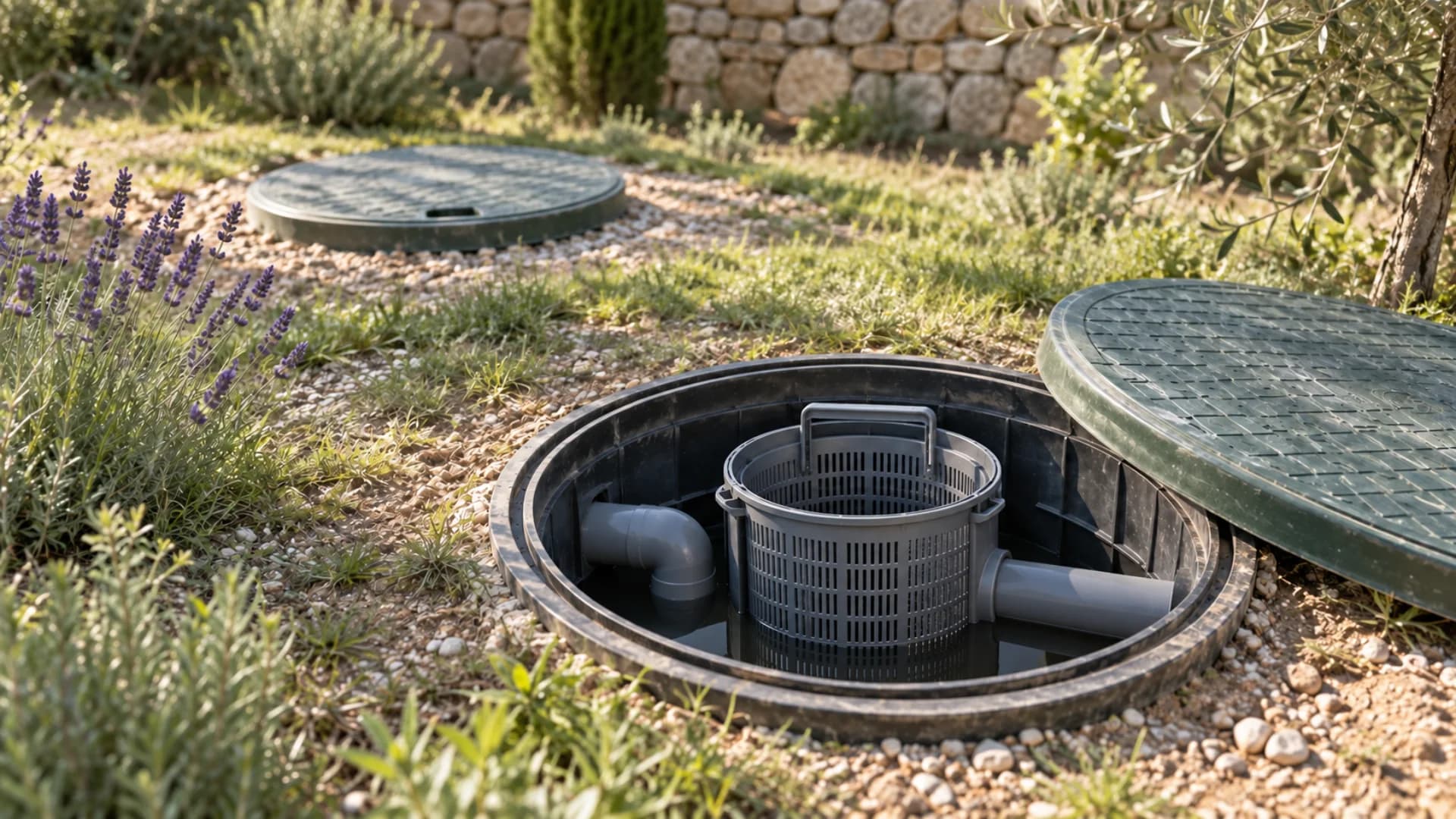 Préfiltre amovible visible dans un regard ouvert à la sortie d'une fosse toutes eaux