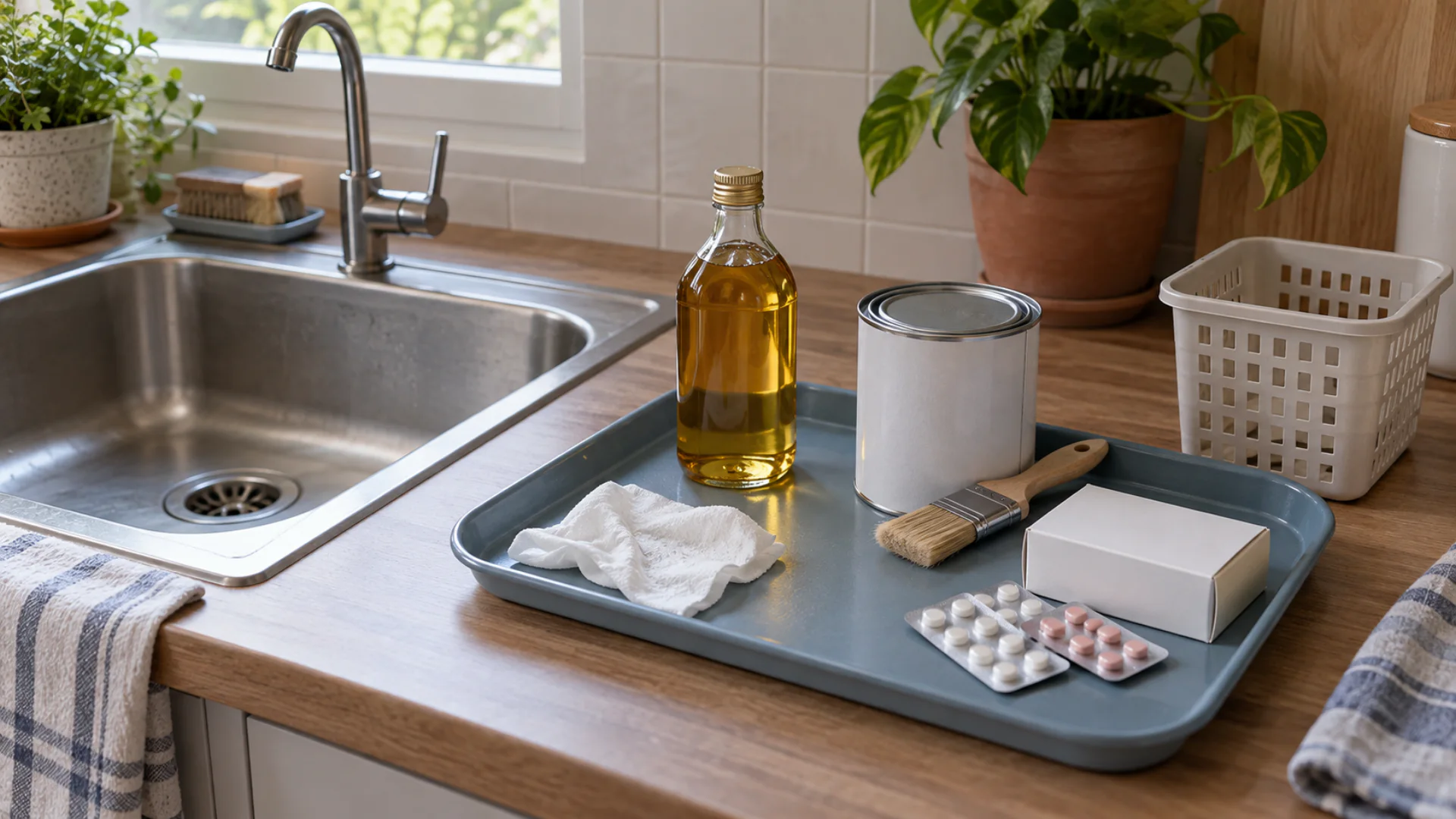 Lingettes, huile, peinture et médicaments triés à côté d'un évier, loin de l'évacuation