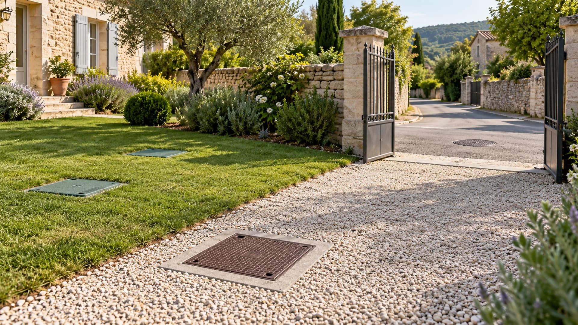 Regard fermé en limite d’un jardin provençal, entre une maison et la rue, avec les accès fermés de l’assainissement au second plan
