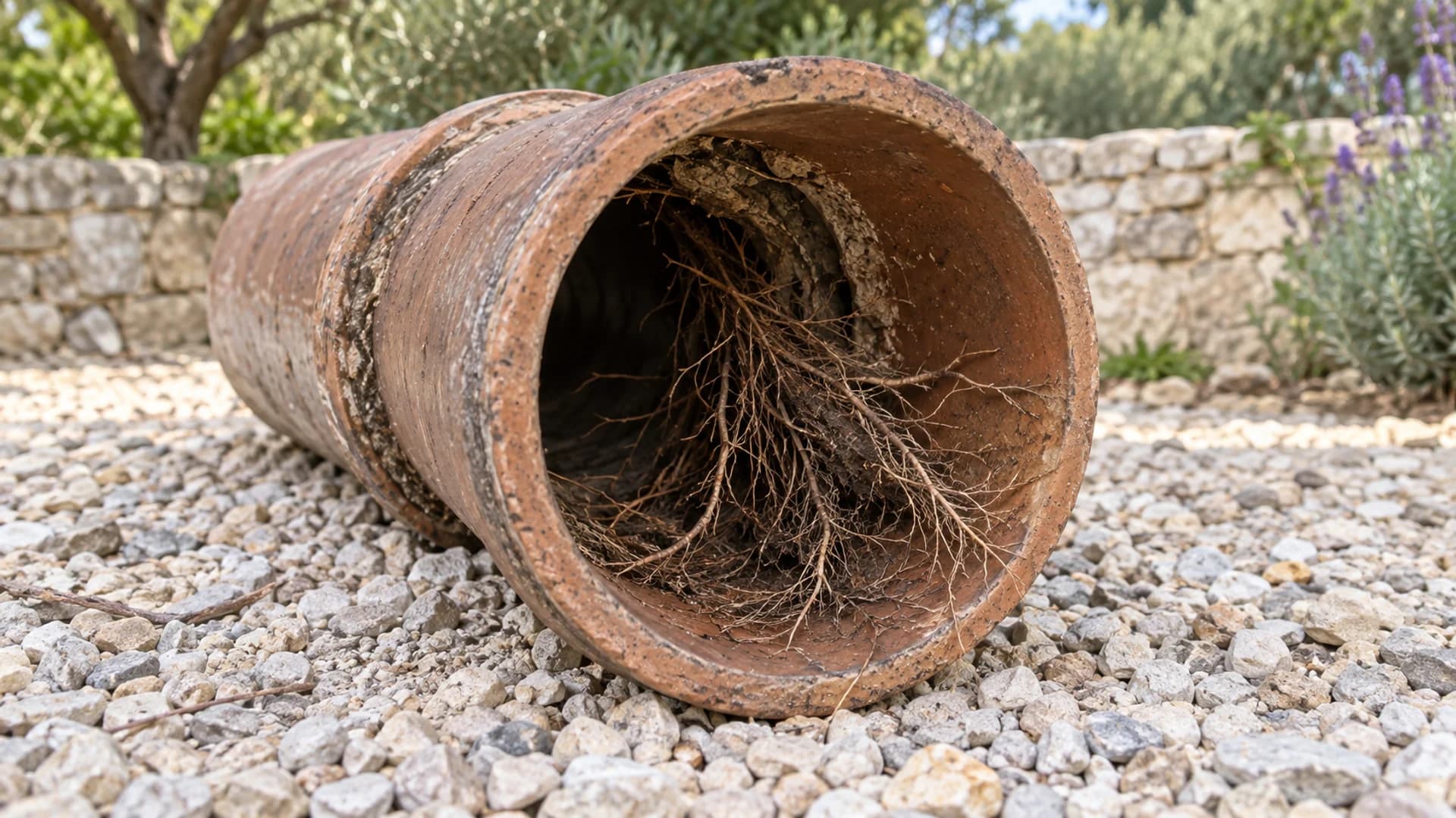 Fines racines visibles dans l’ouverture d’un tronçon de canalisation en grès posé sur du gravier