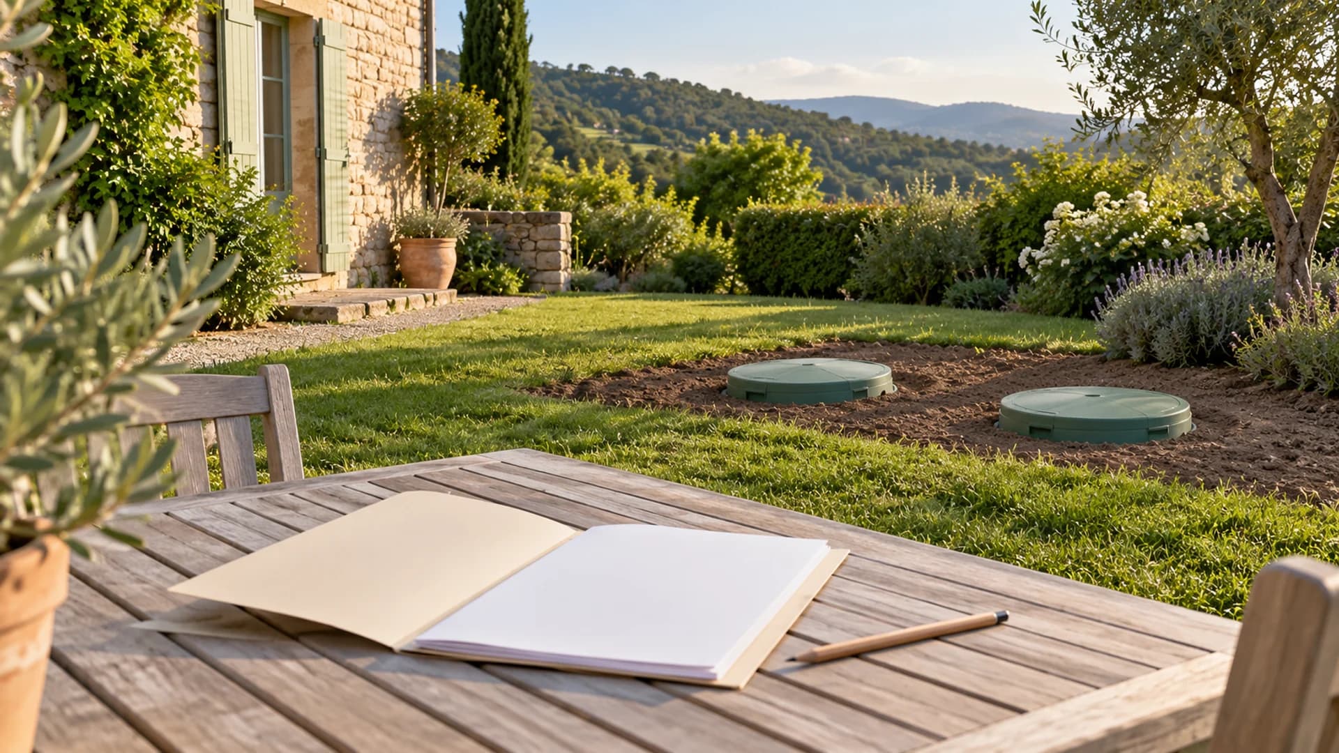 Dossier et crayon sur une table de jardin, devant les tampons fermés d’un assainissement individuel récemment installé