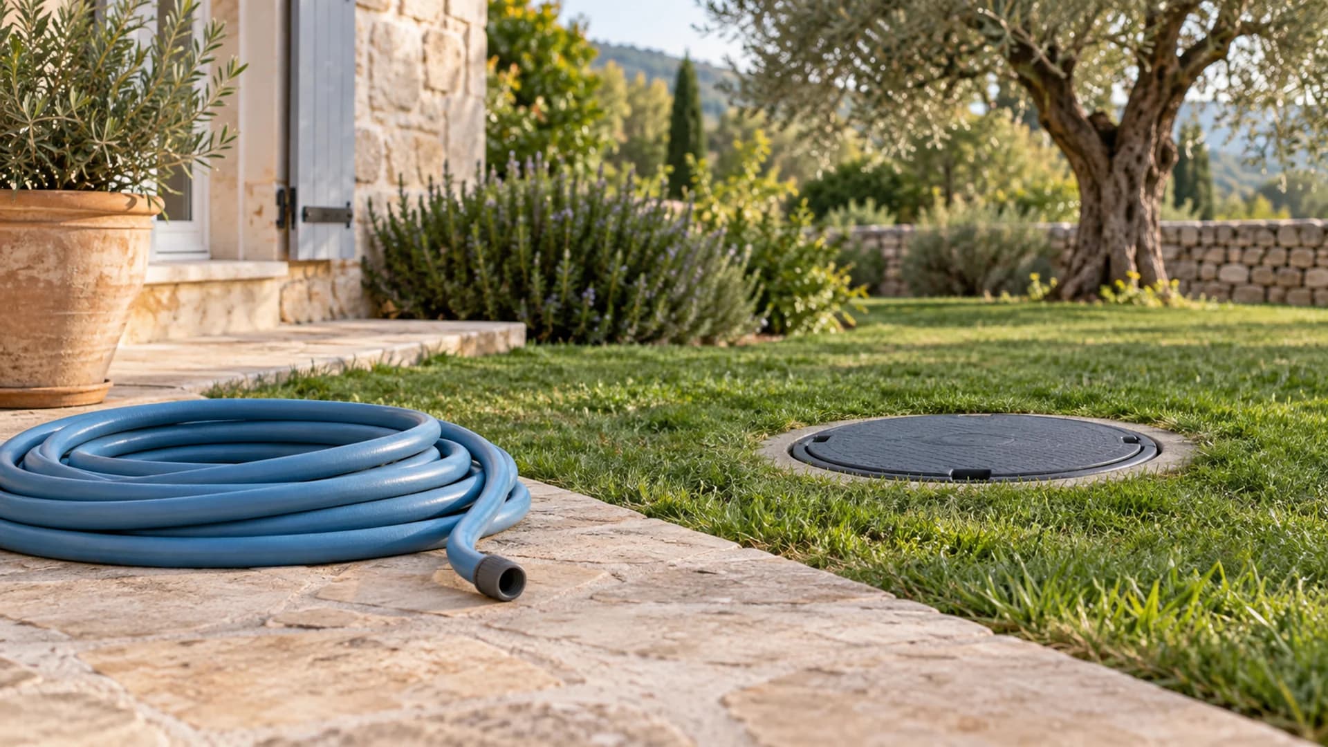 Tuyau d'eau claire enroulé sur une terrasse près du regard fermé d'une fosse dans un jardin