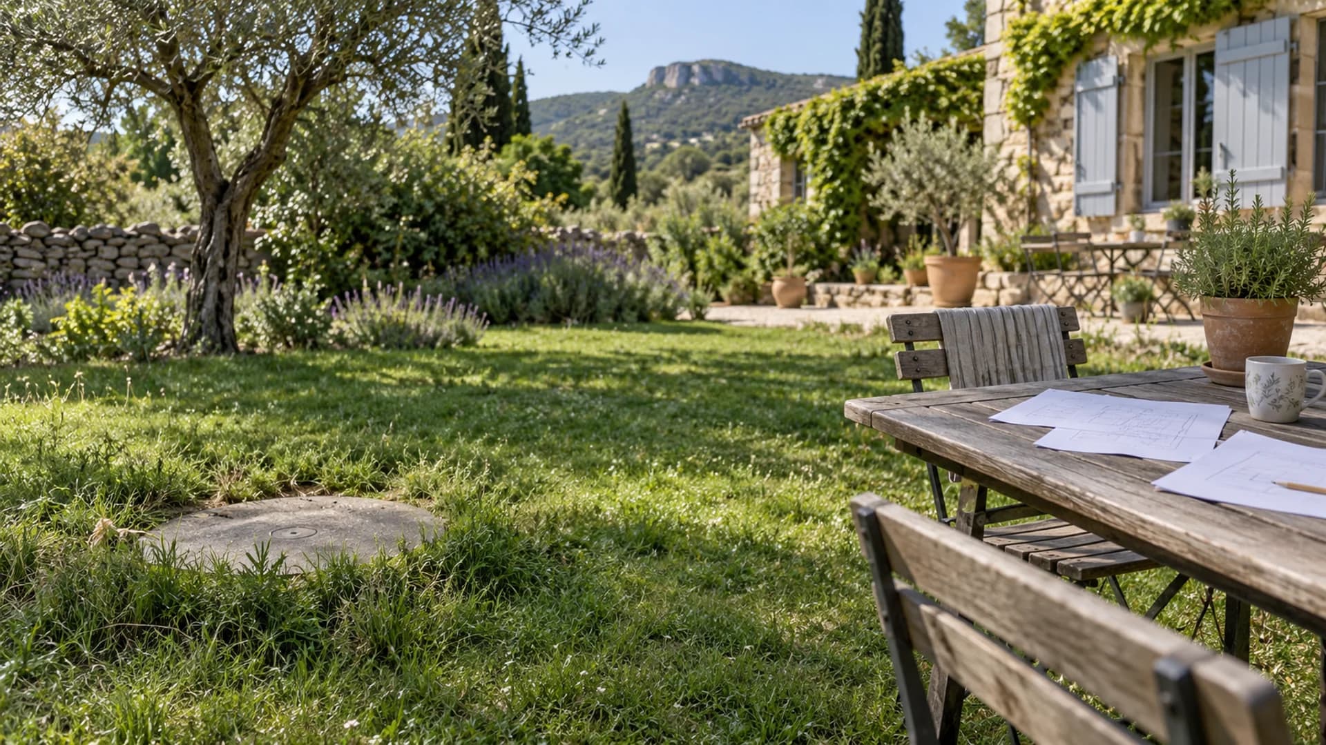 Jardin provençal avec un petit regard d'assainissement fermé et partiellement dissimulé par l'herbe, près d'une maison