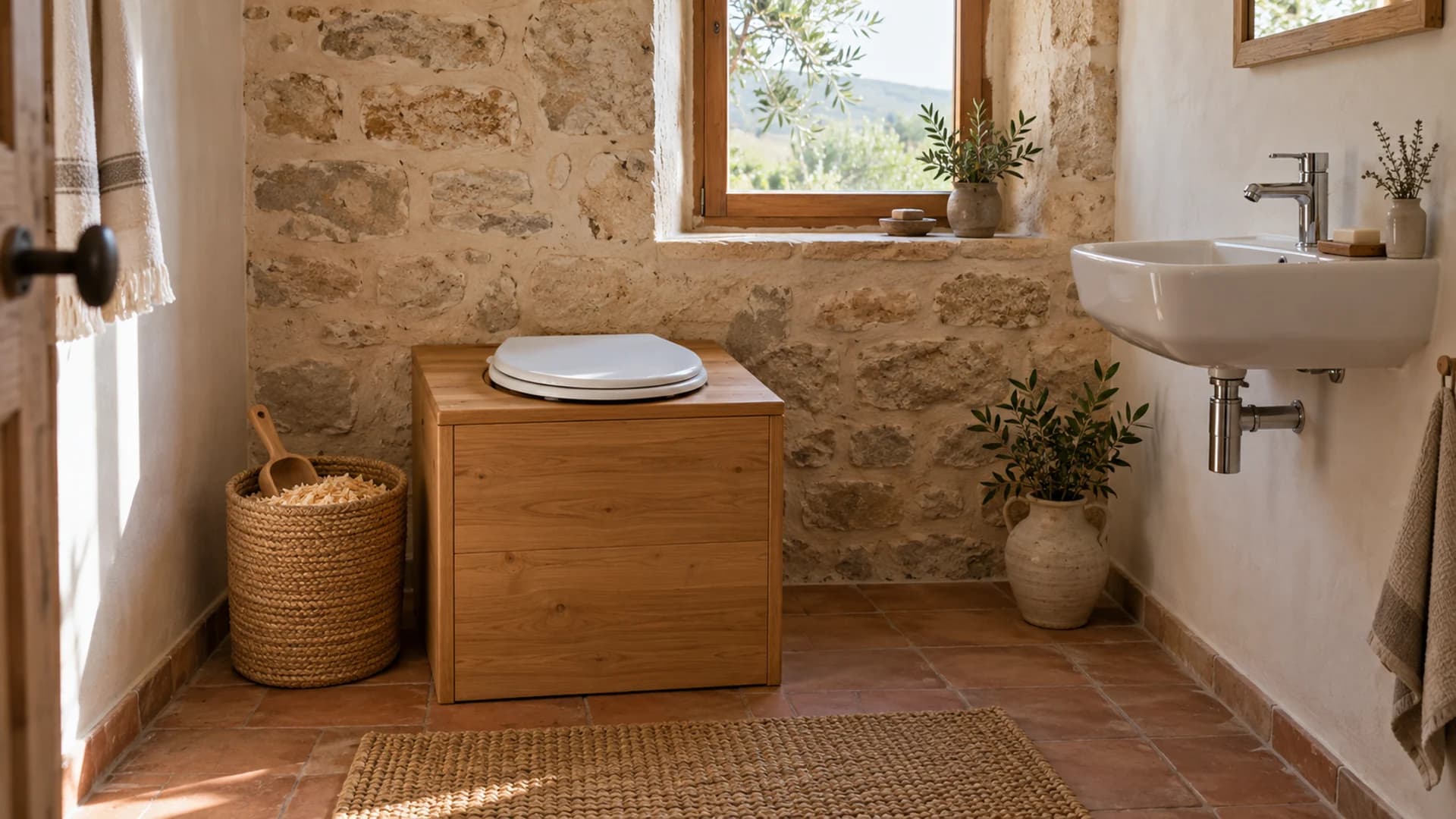 Toilette sèche en bois avec abattant fermé et réserve de copeaux dans une salle d'eau équipée d'un lavabo.