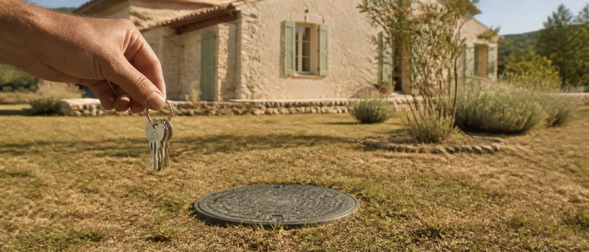 Clés d'une maison louée au-dessus du regard fermé d'une fosse dans un jardin provençal