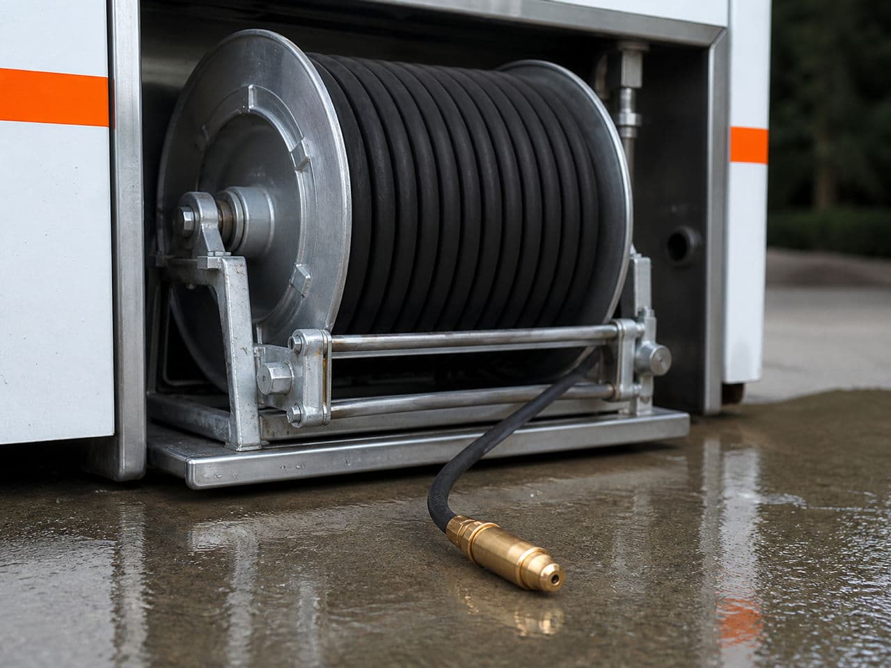 Flexible d'hydrocurage haute pression manipulé par un technicien lors du curage d'un réseau