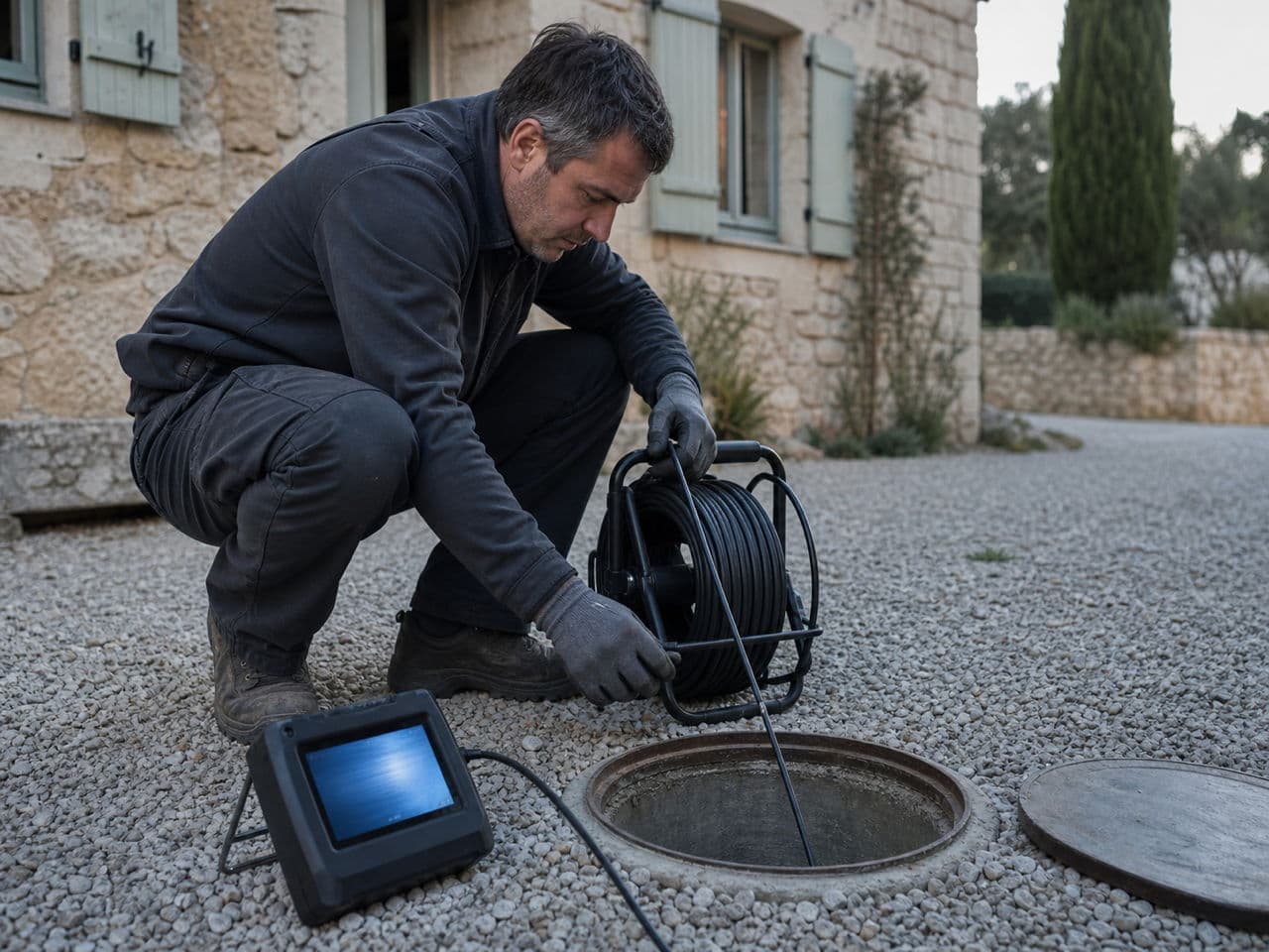 Technicien engageant un touret de caméra d'inspection dans un regard de visite
