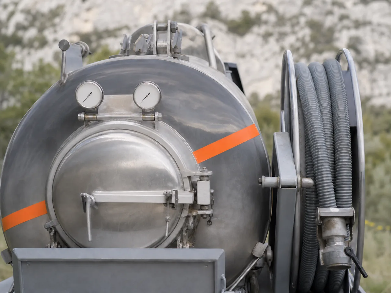 Arrière d'un camion hydrocureur : cuve métallique, manomètres et tuyau d'aspiration rangé