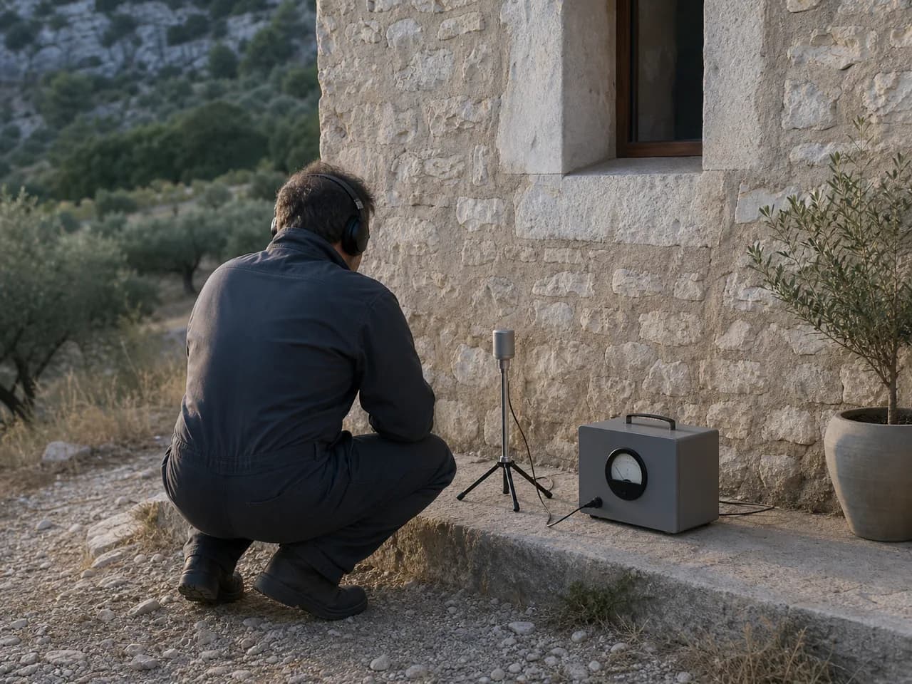 Technicien à l'écoute d'un réseau au microphone de sol le long d'un mur en pierre