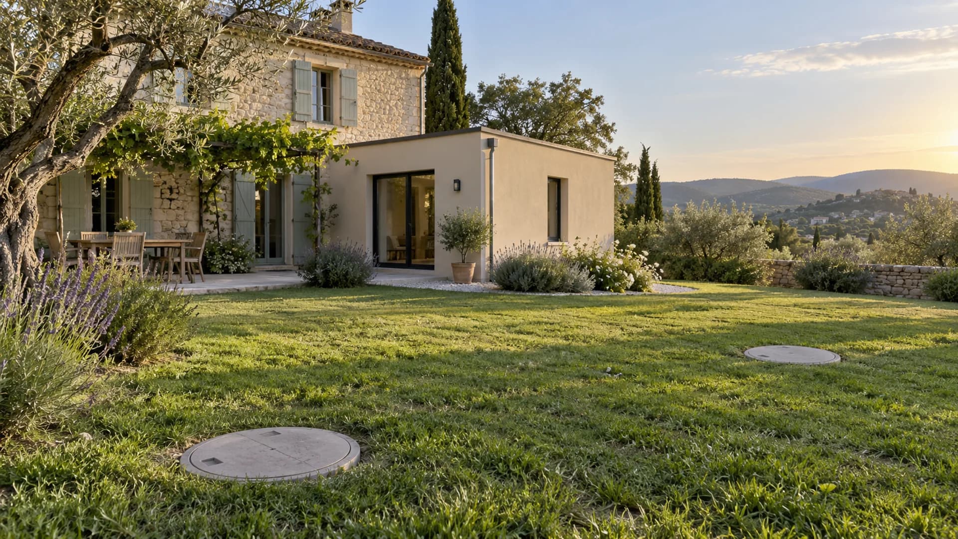Maison en pierre agrandie d'une extension récente, avec deux regards d'assainissement fermés dans le jardin