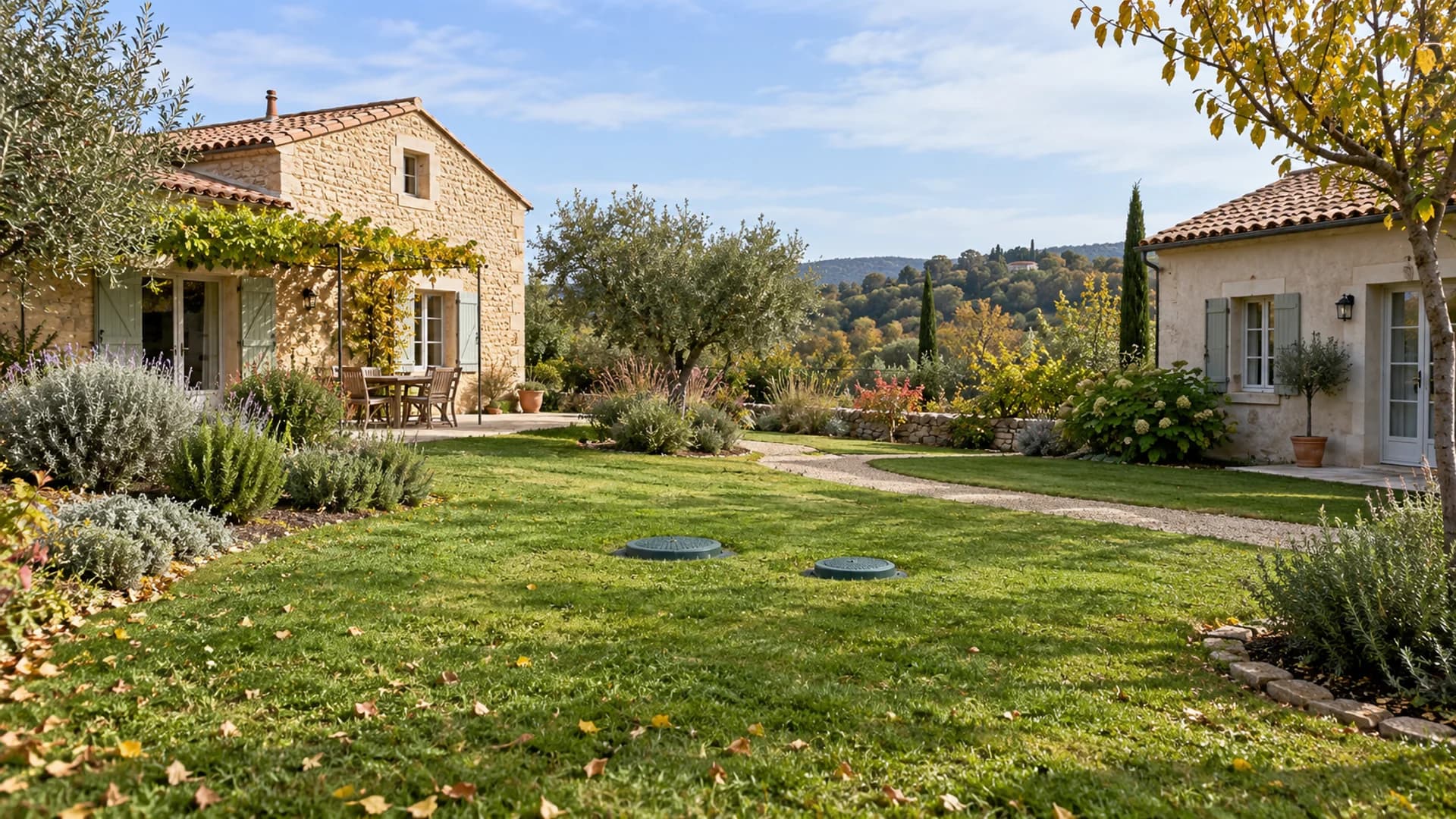 Deux maisons de campagne et des couvercles fermés d’assainissement dans un jardin entre les bâtiments