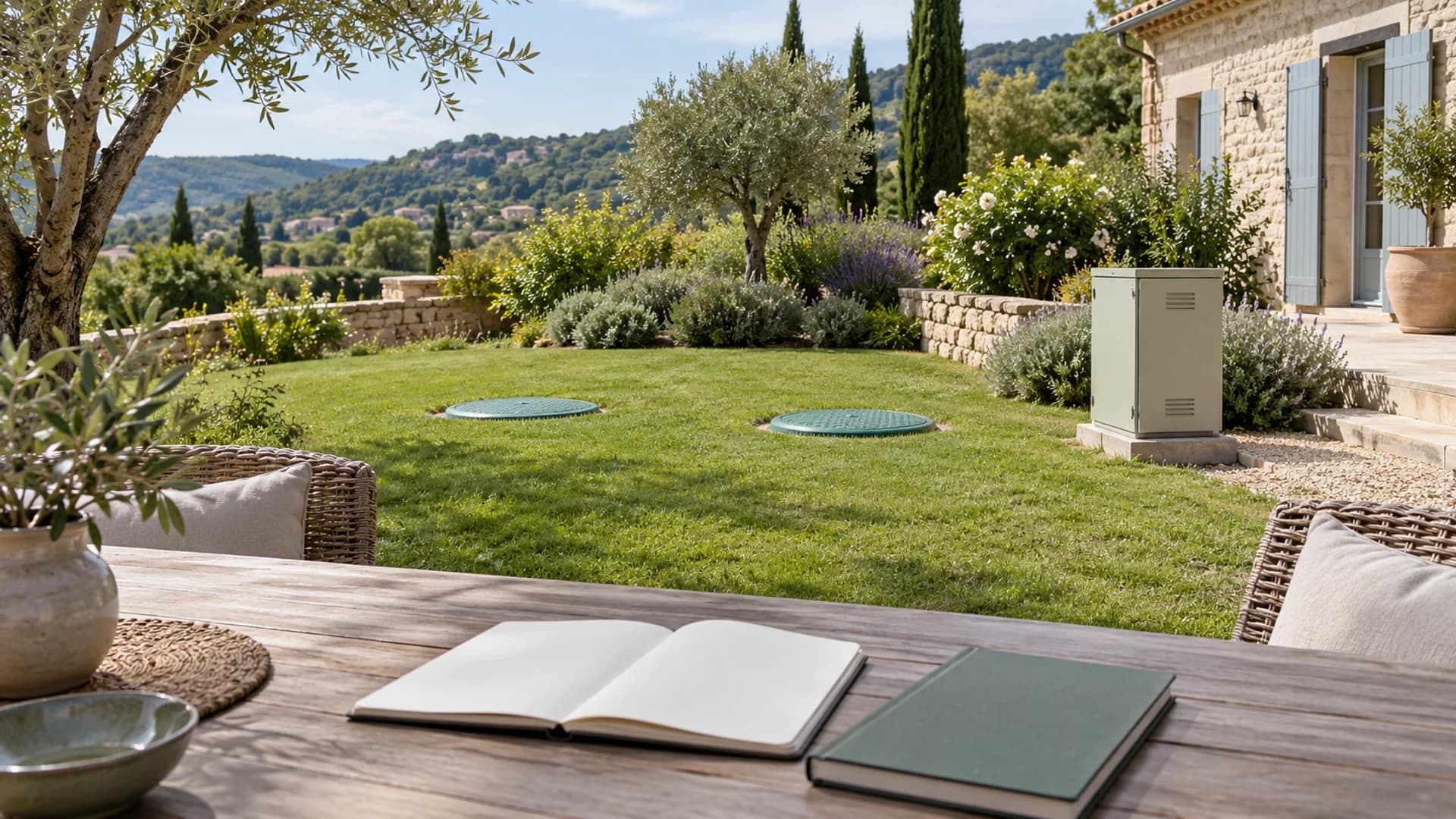 Carnet sans inscriptions sur une table, devant les couvercles fermés et le coffret d’une micro-station dans un jardin.