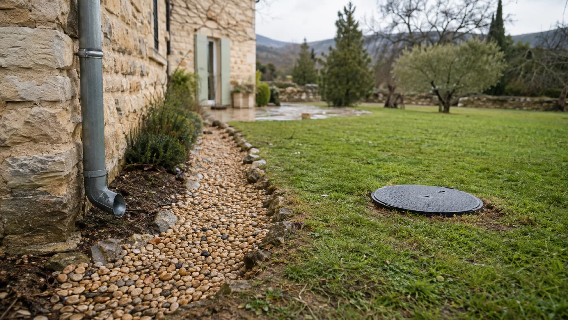 Descente de gouttière et regards séparés près d'une maison après une pluie