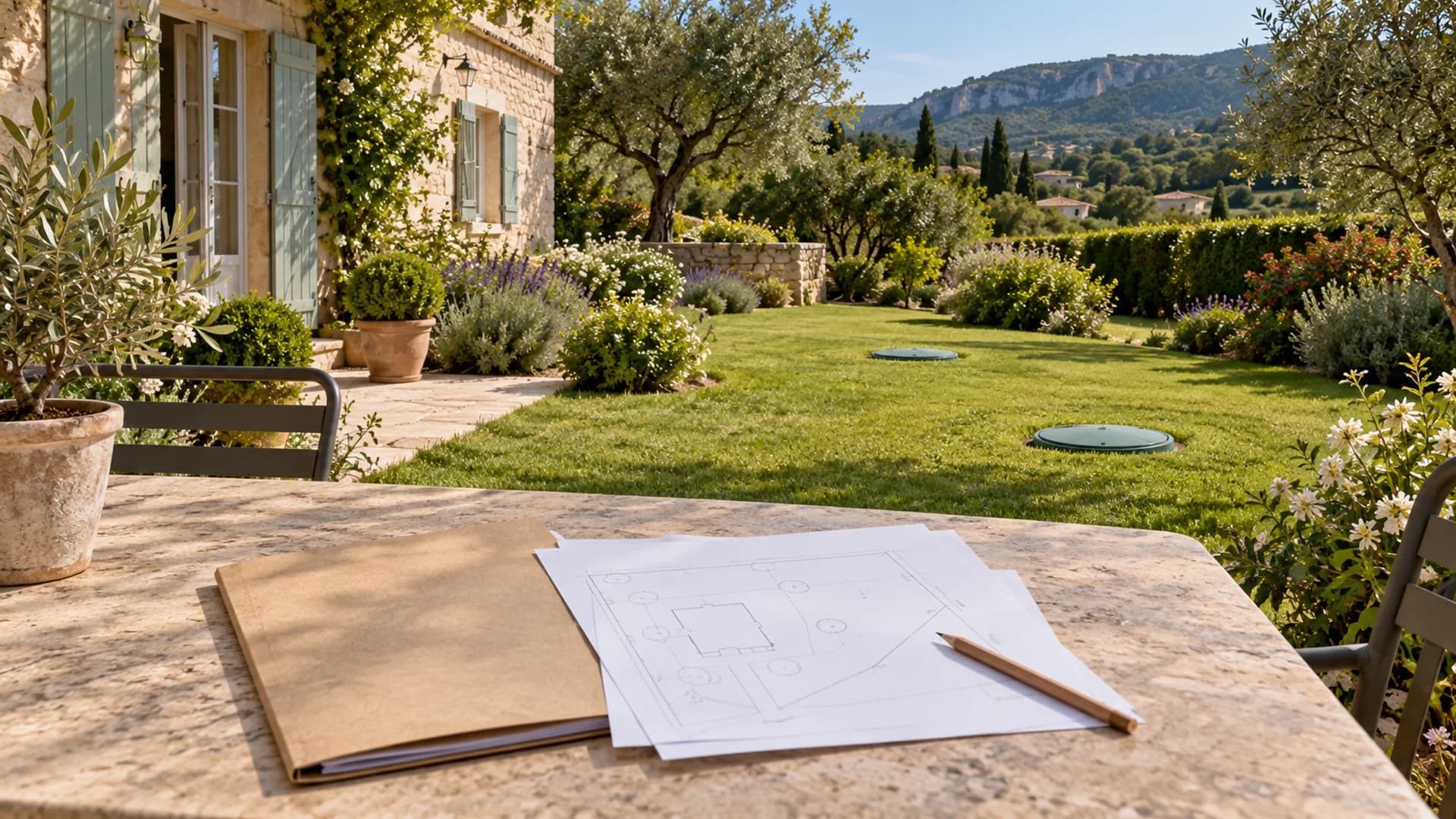 Dossier de travaux et plans sans annotations sur une table, face à une maison et à ses accès d’assainissement fermés