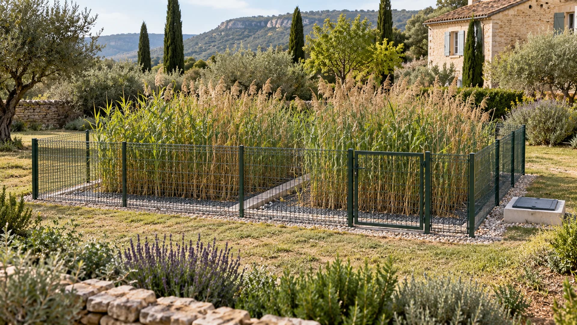 Massifs de roseaux d’un assainissement par filtres plantés, entourés d’une clôture avec portillon fermé dans un jardin