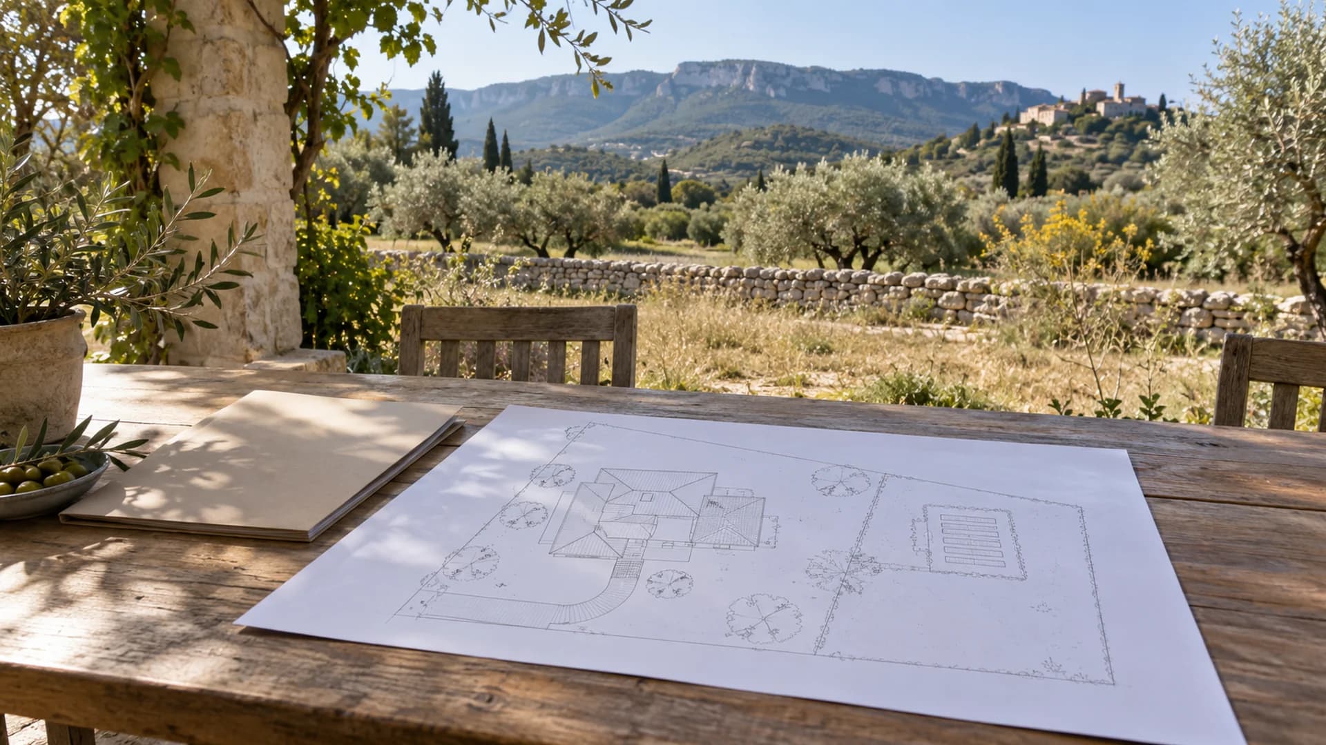 Plans d'une maison neuve et de son assainissement posés sur une table devant un terrain non bâti