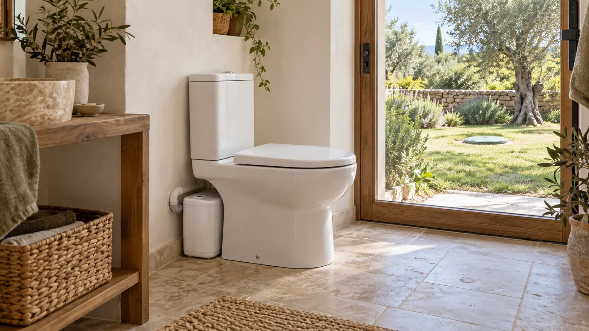 WC avec broyeur sanitaire externe dans une salle d'eau, donnant sur un jardin avec accès de fosse fermé.